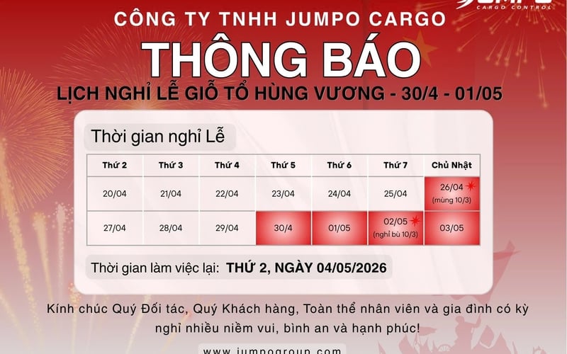 THÔNG BÁO LỊCH NGHỈ LỄ GIỖ TỔ HÙNG VƯƠNG – QUỐC KHÁNH 30/4 & QUỐC TẾ LAO ĐỘNG 1/5