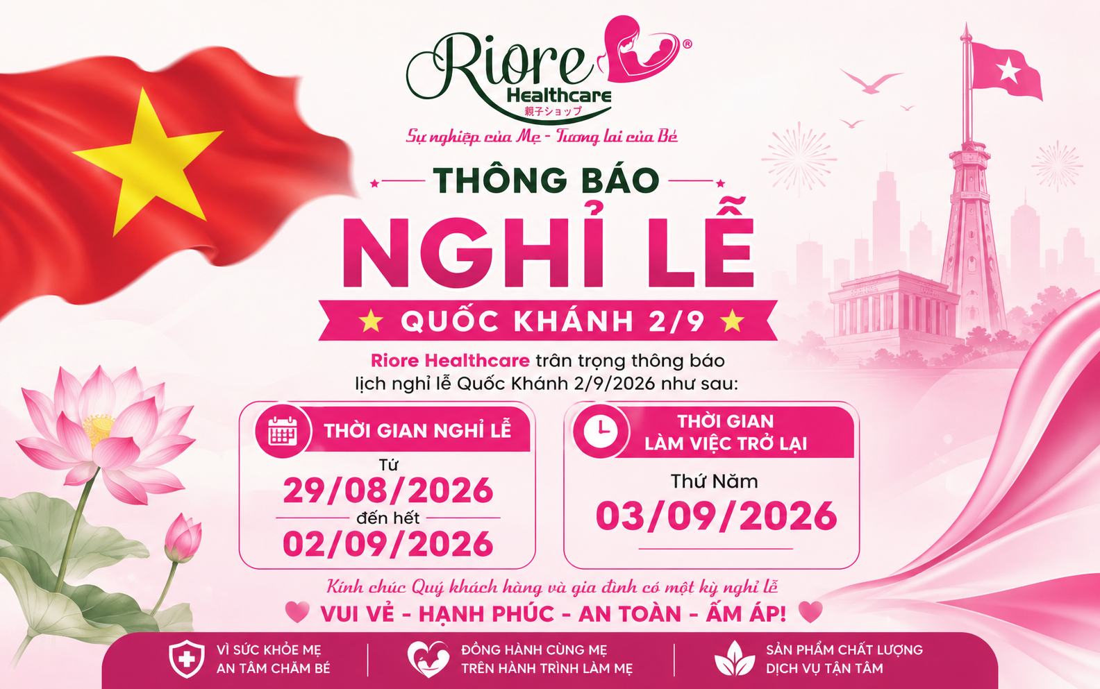 RIORE HEALTHCARE THÔNG BÁO NGHỈ LỄ QUỐC KHÁNH 02/09/2026 RIORE HEALTHCARE THÔNG BÁO NGHỈ LỄ QUỐC KHÁNH 02/09/2026