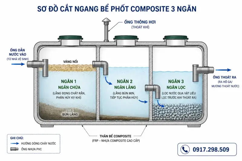 Bảng vẽ hầm tự hoại 3 ngăn