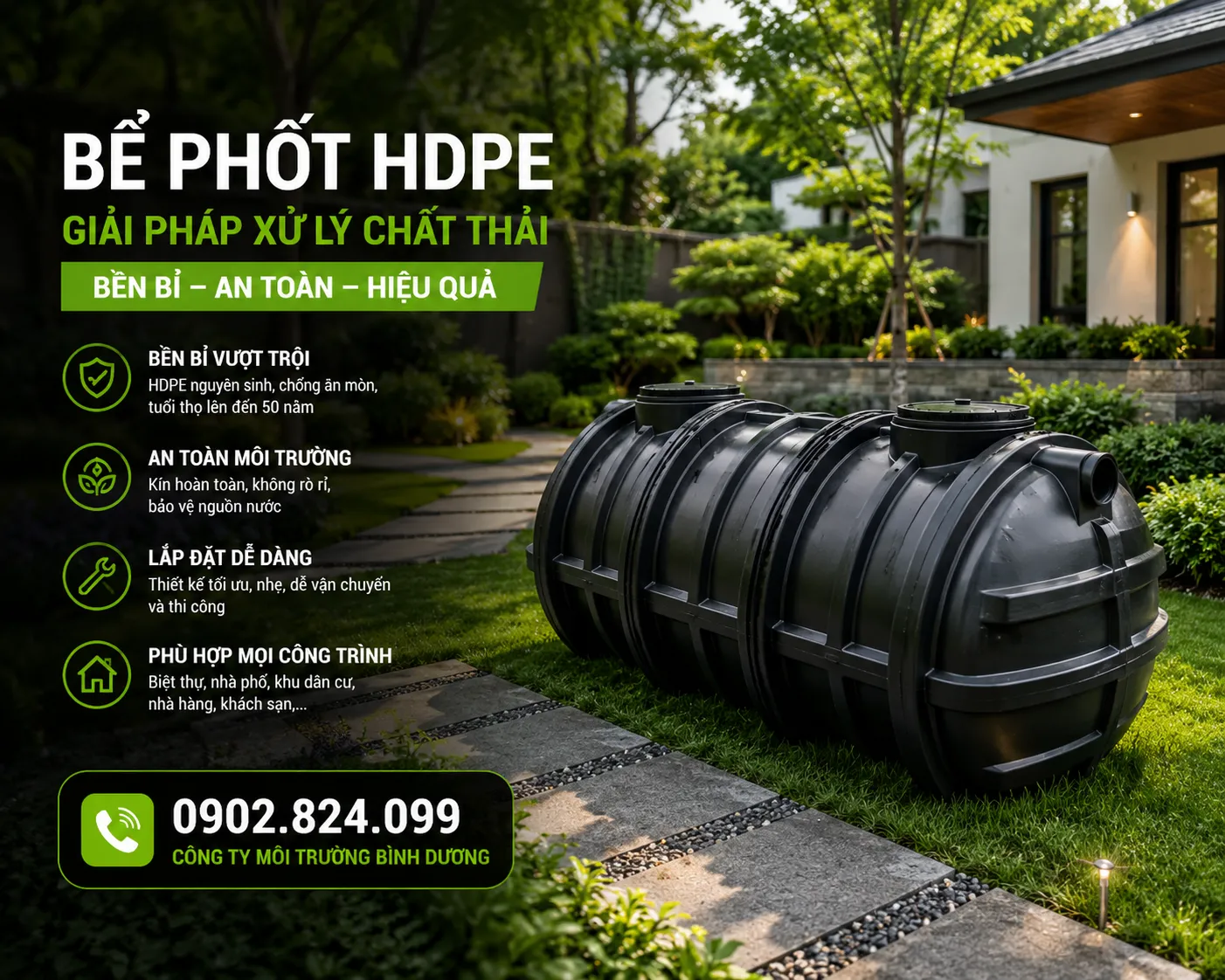 Bể phốt nhựa đúc sẵn HDPE nguyên sinh và composite chất lượng cao