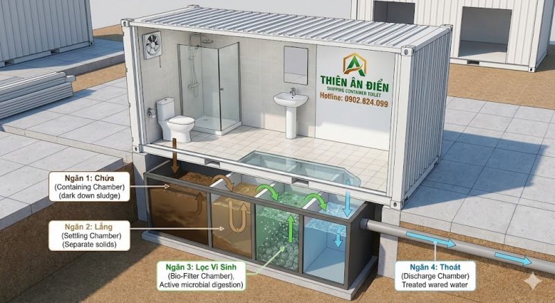 hầm phân tự phân hủy 4 ngăn cho Container vệ sinh