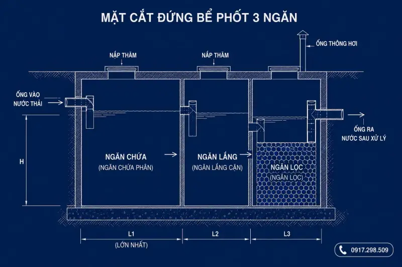 Sơ Đồ Bản Vẽ Bể Phốt 3 Ngăn