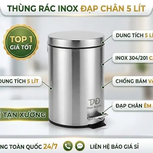 THÙNG RÁC INOX ĐẠP CHÂN 5 LÍT – NHỎ GỌN, SANG TRỌNG CHO MỌI KHÔNG GIAN