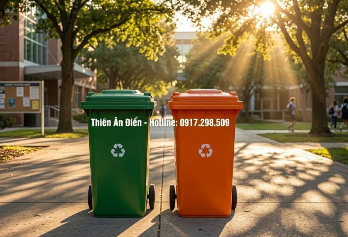 thùng rác 120L (một xanh, một cam)