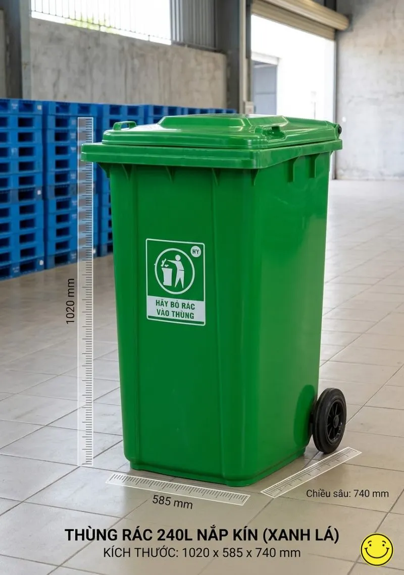 Thùng rác 240 lít nắp kín xanh lá hdpe