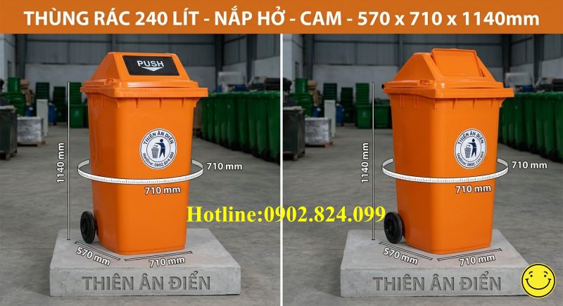 thùng rác công nghiệp 240L màu cam nắp hở
