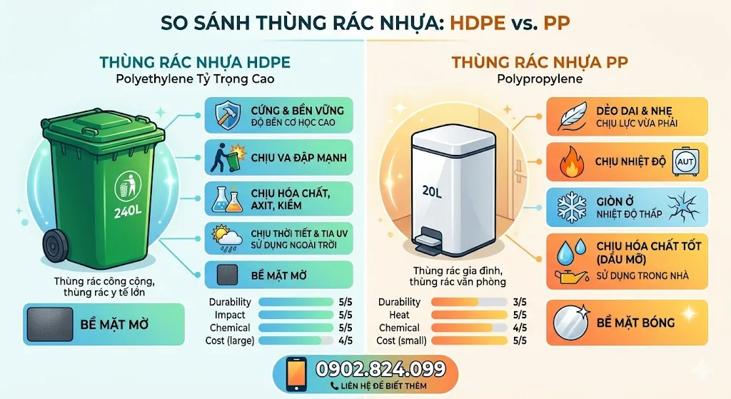 Thùng Rác Nhựa HDPE Và PP Khác Nhau Ra Sao