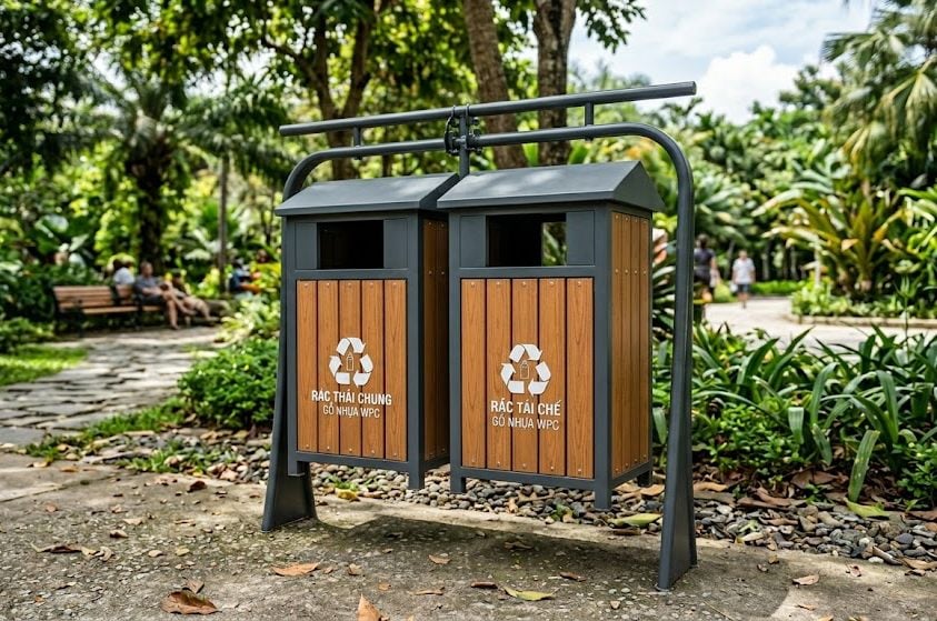 Thùng rác treo giả gỗ có mái che