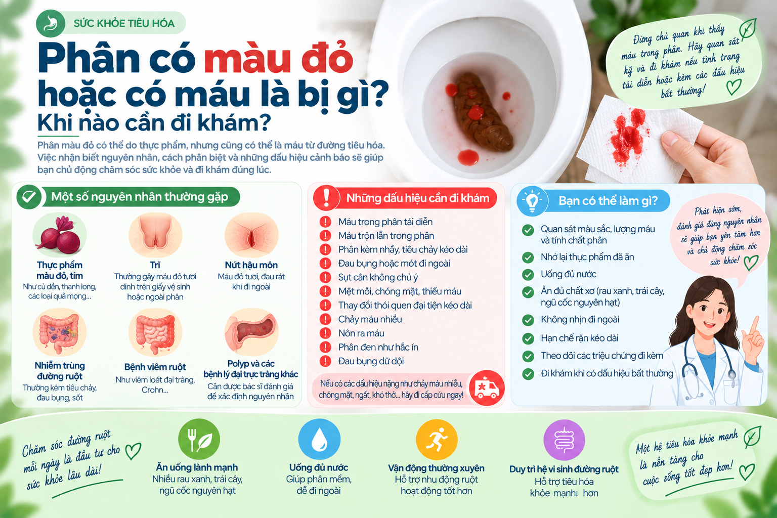 Phân có màu đỏ hoặc có máu là bị gì? Khi nào cần đi khám?