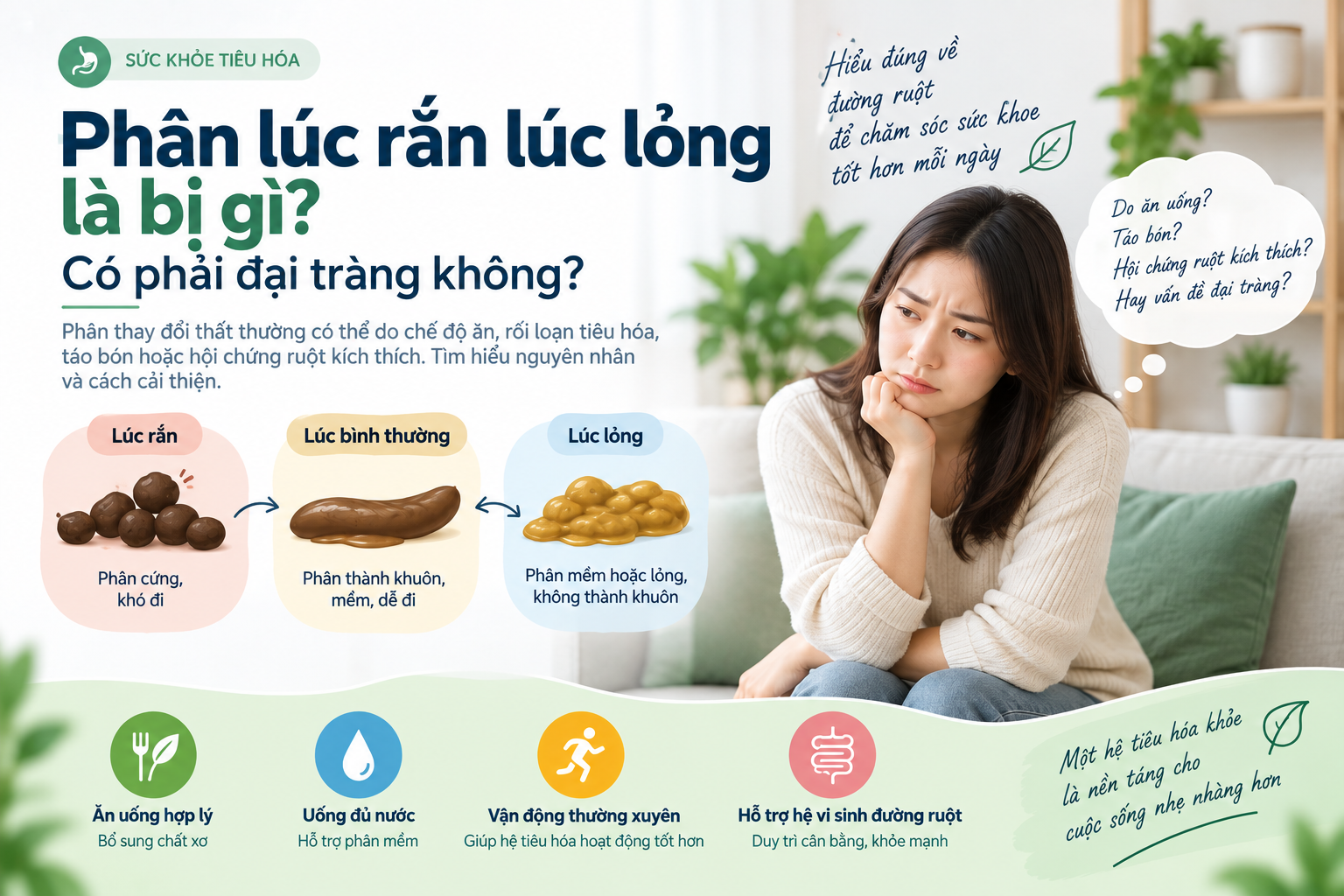 Phân lúc rắn lúc lỏng là bị gì? Có phải đại tràng không?