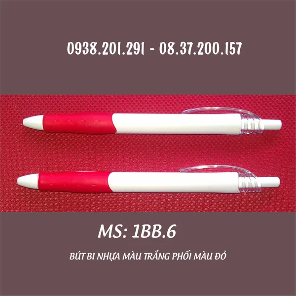 Bút bi nhựa màu trắng phối màu đỏ MS 1BB.6
