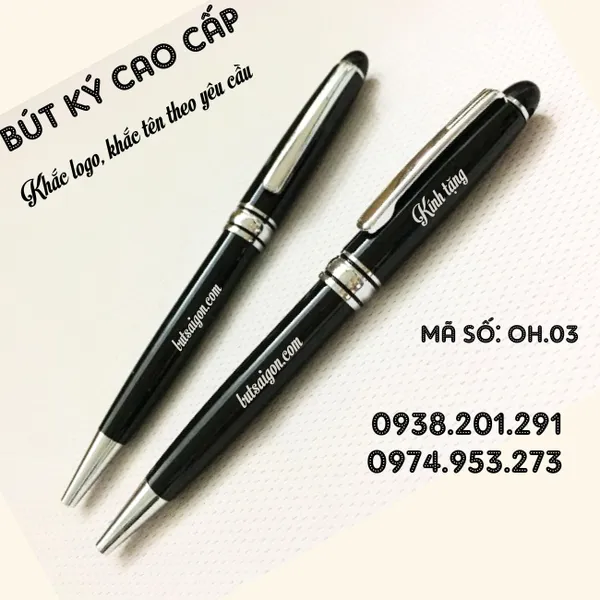 Bút cao cấp màu đen khoen trắng bạc khắc tên làm quà tặng OH.03