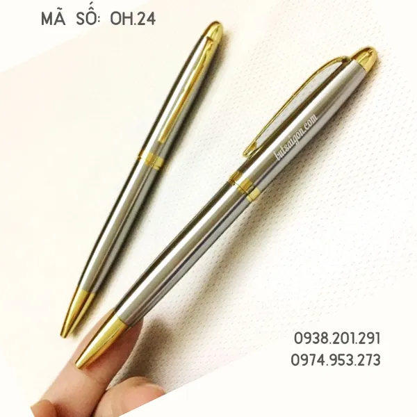Bút ký cao cấp màu trắng bạc cài vàng OH.24