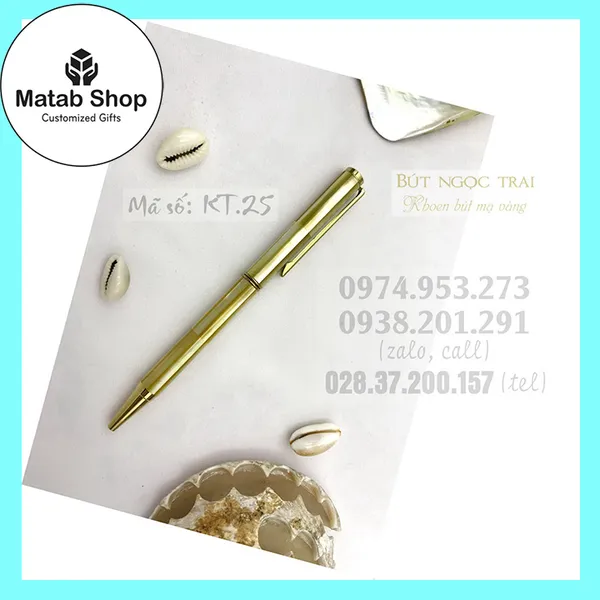Bút ngọc trai màu vàng khoen mạ vàng 24K (KT.25)