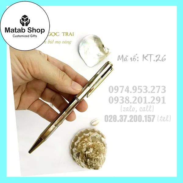 Bút ngọc trai nâu nhạt khoen mạ vàng 24K (KT.26)