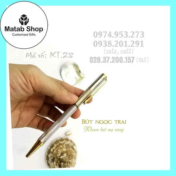 Bút ngọc trai tím nhạt khoen mạ vàng 24K (KT.28)