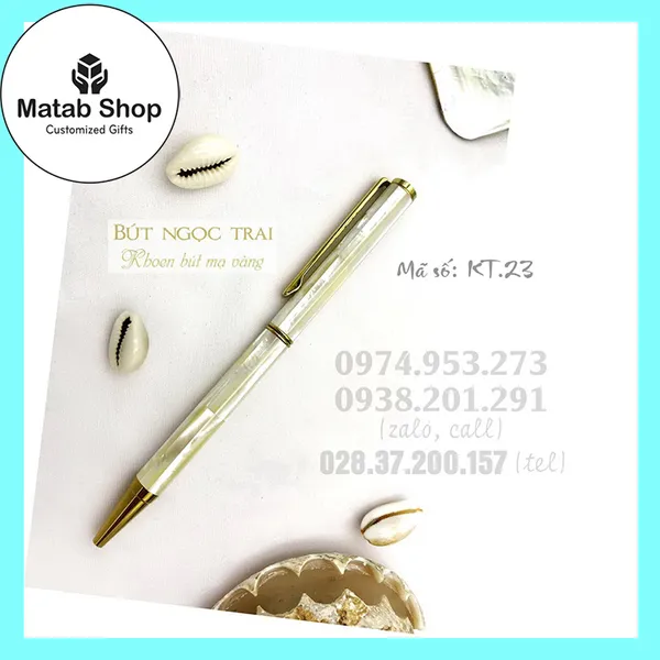 Bút ngọc trai trắng khoen mạ vàng 24K (KT.23)