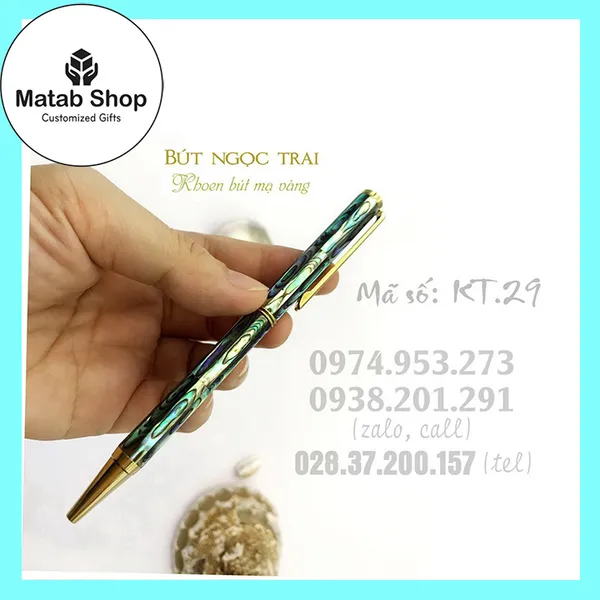 Bút ngọc trai xanh lục khoen mạ vàng 24K (KT.29)
