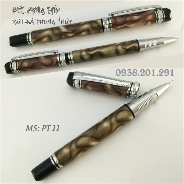 Bút phong thủy vân đá cài bạc