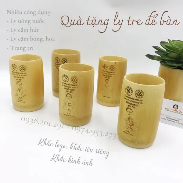 Quà tặng ly tre khắc tên hình ảnh để bàn