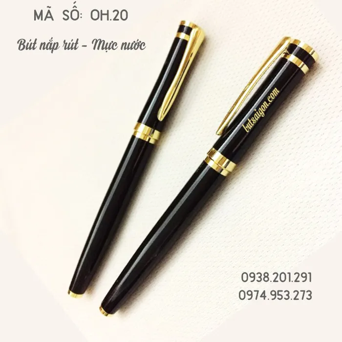 Bút kim loại đen cài vàng OH.20