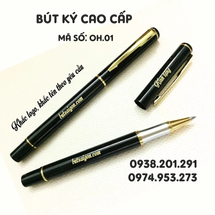Bút ký khắc tên màu đen cài vàng OH.01