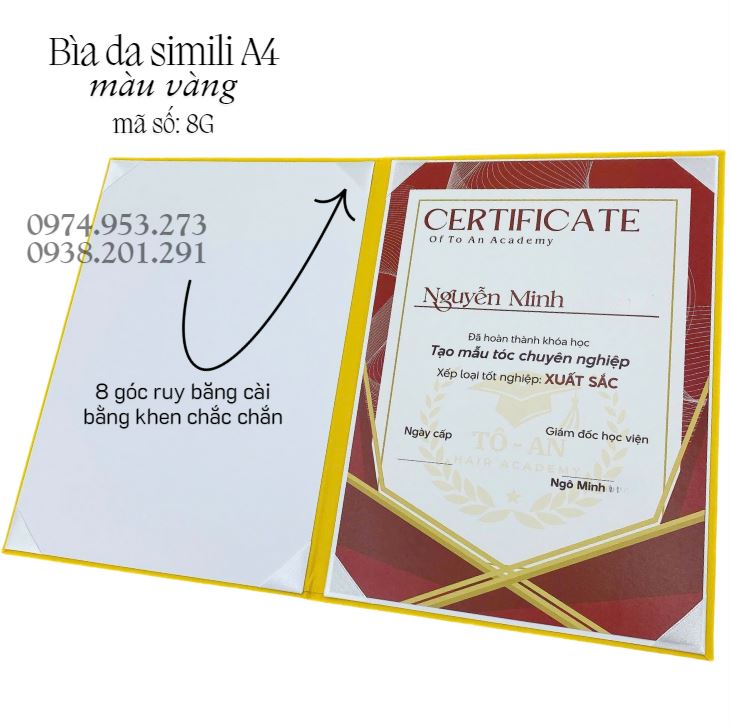 Bìa kẹp bằng da A4 simili màu vàng in nhũ bạc Bìa kẹp bằng da A4 simili màu vàng in nhũ bạc