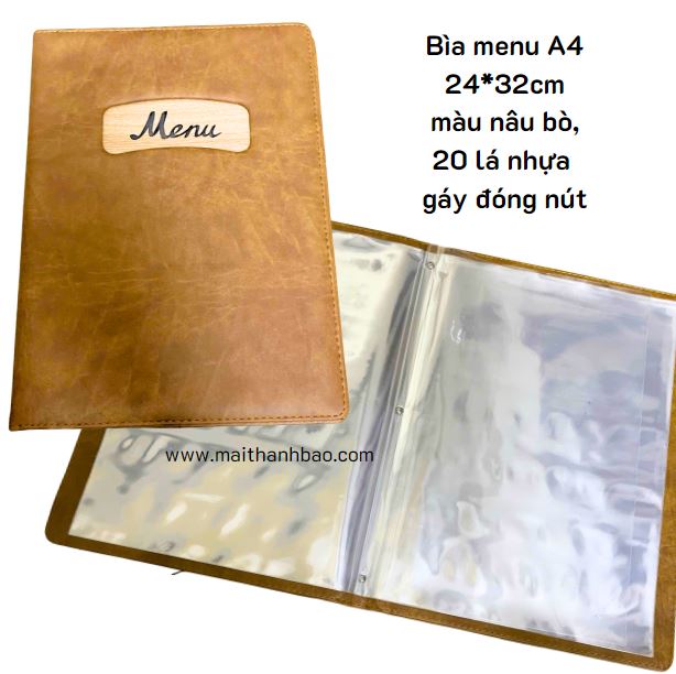 Bìa menu A4 màu nâu bò có lá nhựa  Bìa menu A4 màu nâu bò có lá nhựa