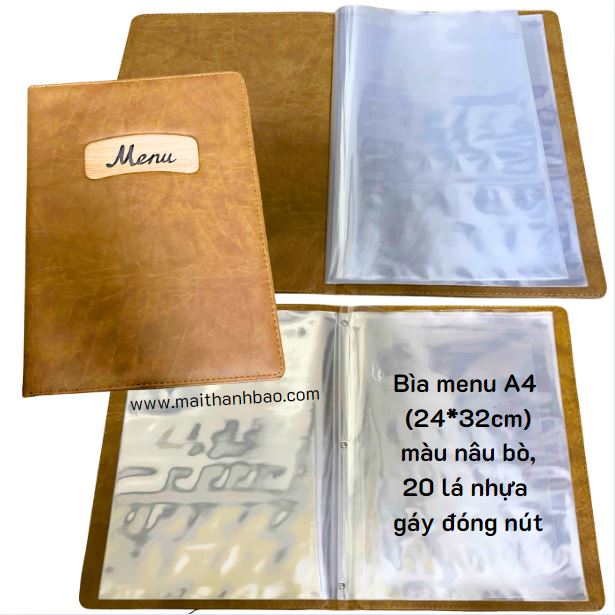 Bìa menu A4 màu nâu bò có lá nhựa  Bìa menu A4 màu nâu bò có lá nhựa