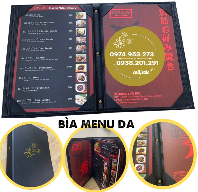 Menu bìa da A4 đẹp in logo nhà hàng khách sạn quán ăn Menu bìa da A4 đẹp in logo nhà hàng khách sạn quán ăn