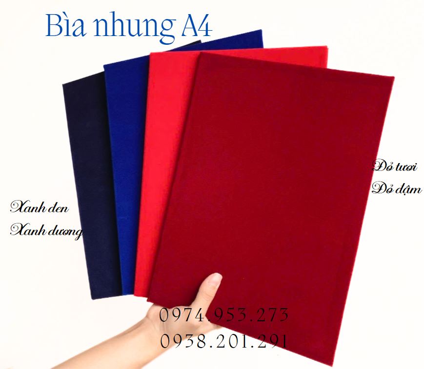 Bìa nhung A4 có sẵn các màu xanh đen, xanh dương, đỏ, đỏ đậm Bìa nhung A4 có sẵn các màu xanh đen, xanh dương, đỏ, đỏ đậm