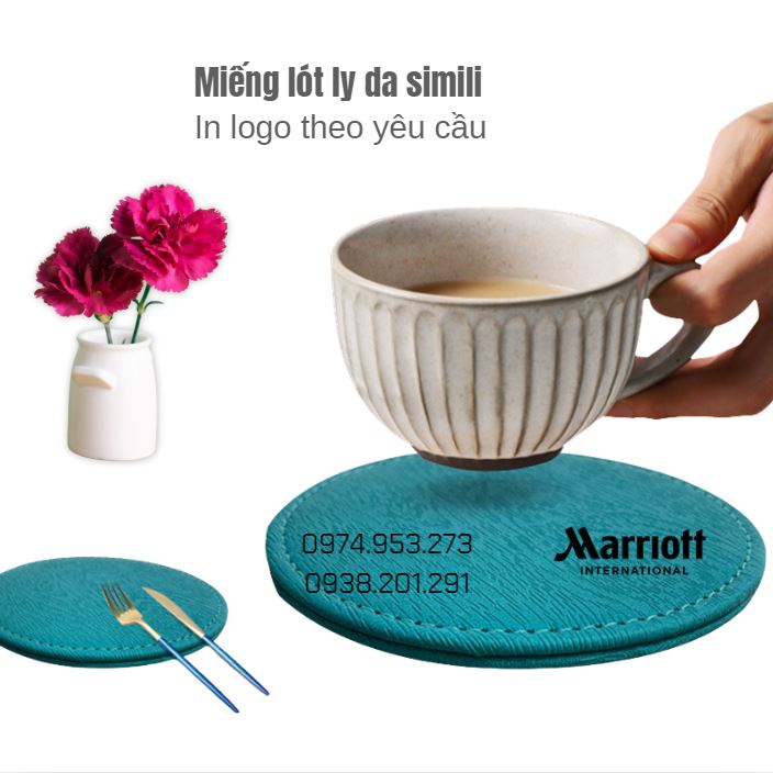 Miếng đế lót ly bằng da simili in logo quà tặng đẹp giá rẻ Miếng đế lót ly bằng da simili in logo quà tặng đẹp giá rẻ