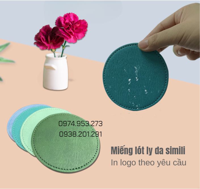 Miếng đế lót ly bằng da simili in logo quà tặng đẹp giá rẻ Miếng đế lót ly bằng da simili in logo quà tặng đẹp giá rẻ