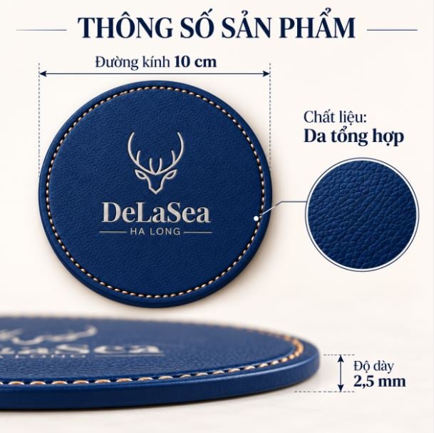 Đế lót ly da màu xanh dương logo nhũ bạc sử dụng dưới ly đồ uống trên bàn Đế lót ly da màu xanh dương logo nhũ bạc sử dụng dưới ly đồ uống trên bàn