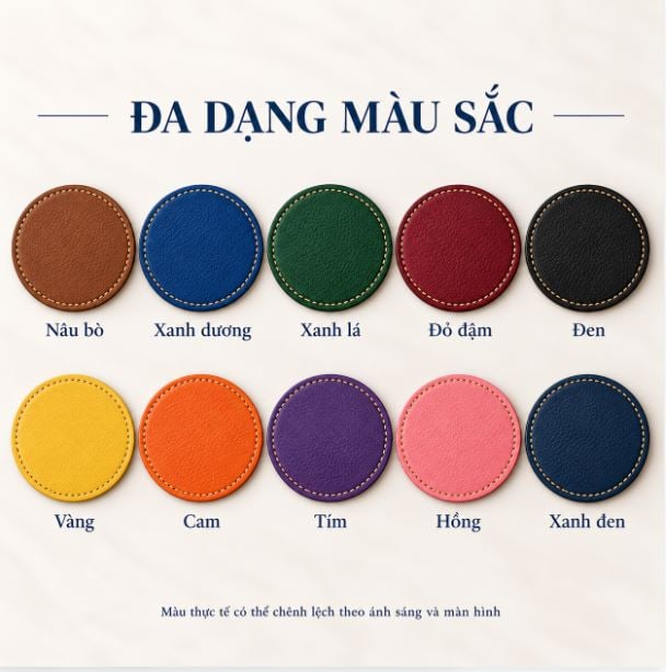 Đế lót ly da màu xanh dương logo nhũ bạc sử dụng dưới ly đồ uống trên bàn Đế lót ly da màu xanh dương logo nhũ bạc sử dụng dưới ly đồ uống trên bàn