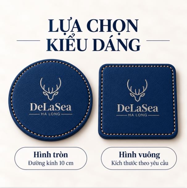 Đế lót ly da màu xanh dương logo nhũ bạc sử dụng dưới ly đồ uống trên bàn Đế lót ly da màu xanh dương logo nhũ bạc sử dụng dưới ly đồ uống trên bàn