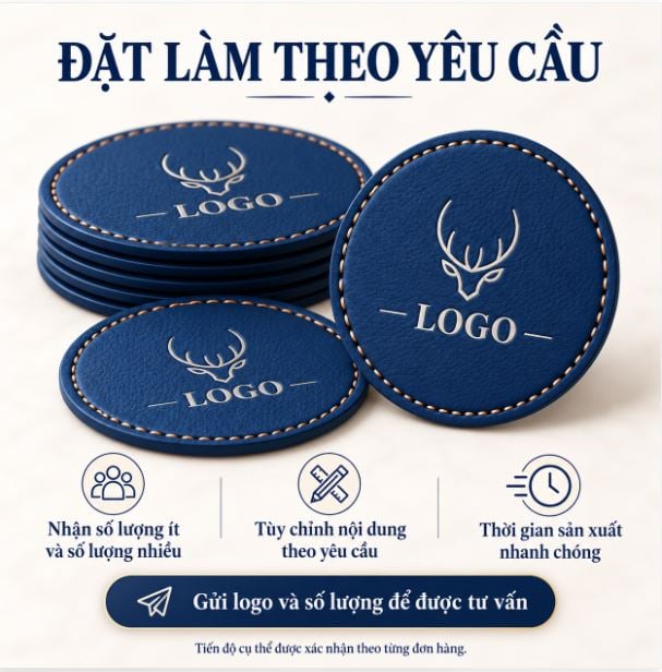 Đế lót ly da màu xanh dương logo nhũ bạc sử dụng dưới ly đồ uống trên bàn Đế lót ly da màu xanh dương logo nhũ bạc sử dụng dưới ly đồ uống trên bàn