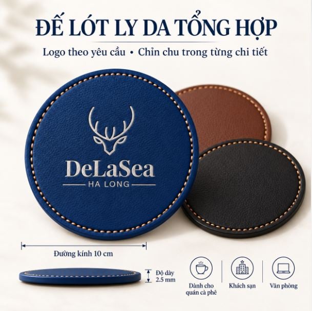 Đế lót ly da màu xanh dương logo nhũ bạc sử dụng dưới ly đồ uống trên bàn Đế lót ly da màu xanh dương logo nhũ bạc sử dụng dưới ly đồ uống trên bàn