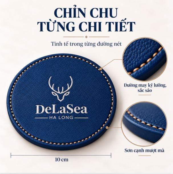 Đế lót ly da màu xanh dương logo nhũ bạc sử dụng dưới ly đồ uống trên bàn Đế lót ly da màu xanh dương logo nhũ bạc sử dụng dưới ly đồ uống trên bàn