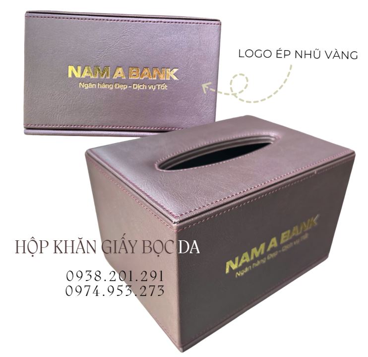 Hộp khăn giấy bọc da ngân hàng Nam Á Bank màu nâu ép logo nhũ vàng Hộp khăn giấy bọc da ngân hàng Nam Á Bank màu nâu ép logo nhũ vàng