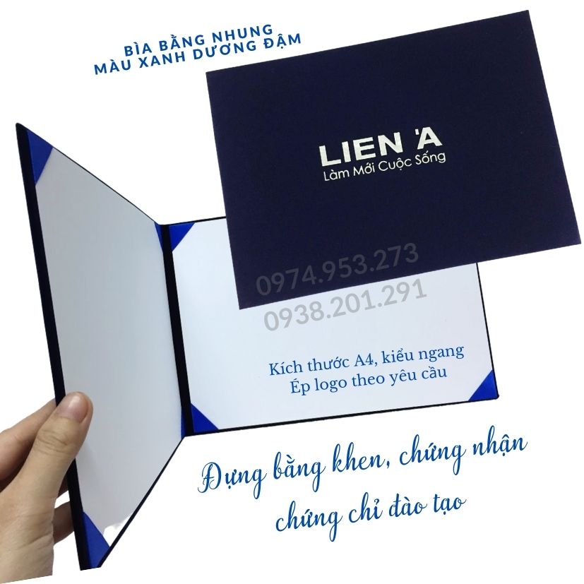 Bìa bằng nhung A4 kiểu ngang cao cấp in logo
