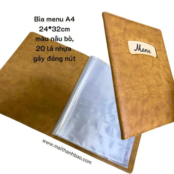 Bìa menu A4 màu nâu bò có lá nhựa