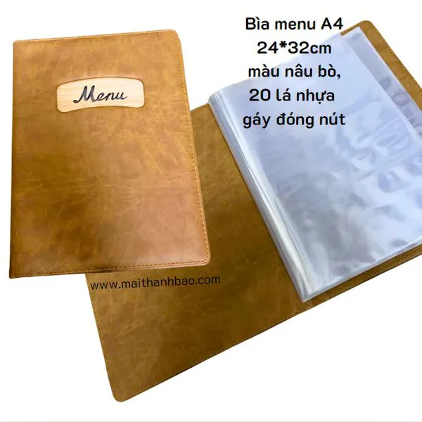 Bìa menu A4 màu nâu bò có lá nhựa