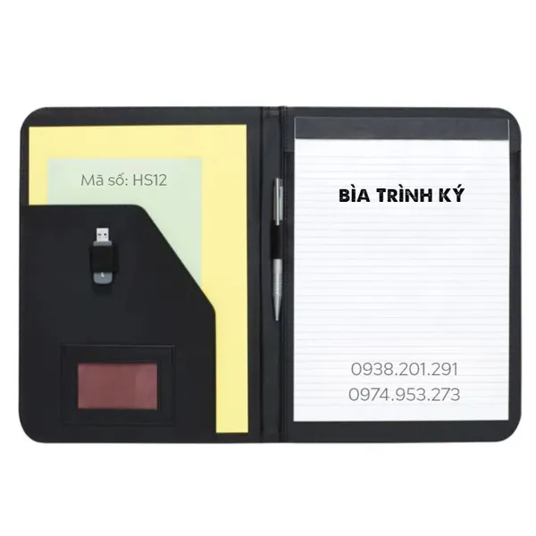 Bìa kẹp hồ sơ màu đen có ngăn đựng giấy HS12
