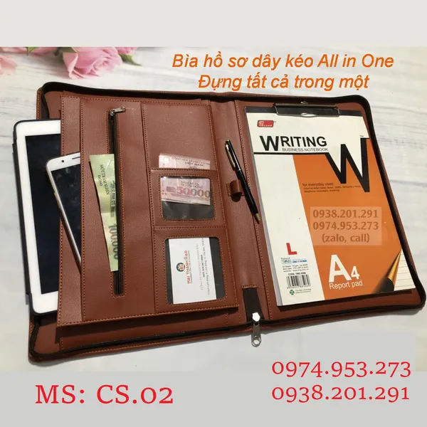 Bìa hồ sơ da dây kéo CS.02 (Tặng bút ký + Xấp giấy A4)