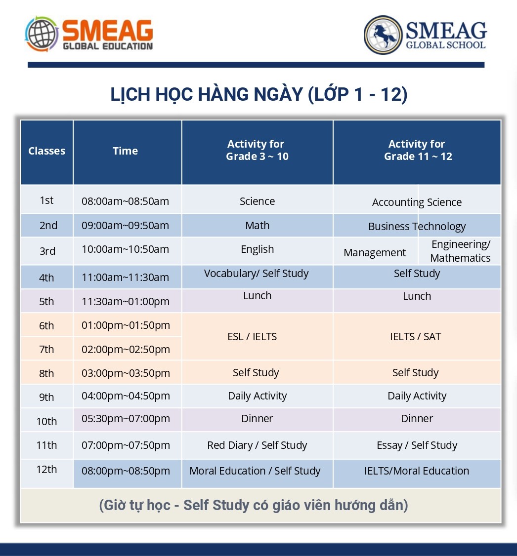 lịch học hằng ngày từ lớp 1 đến lớp 12