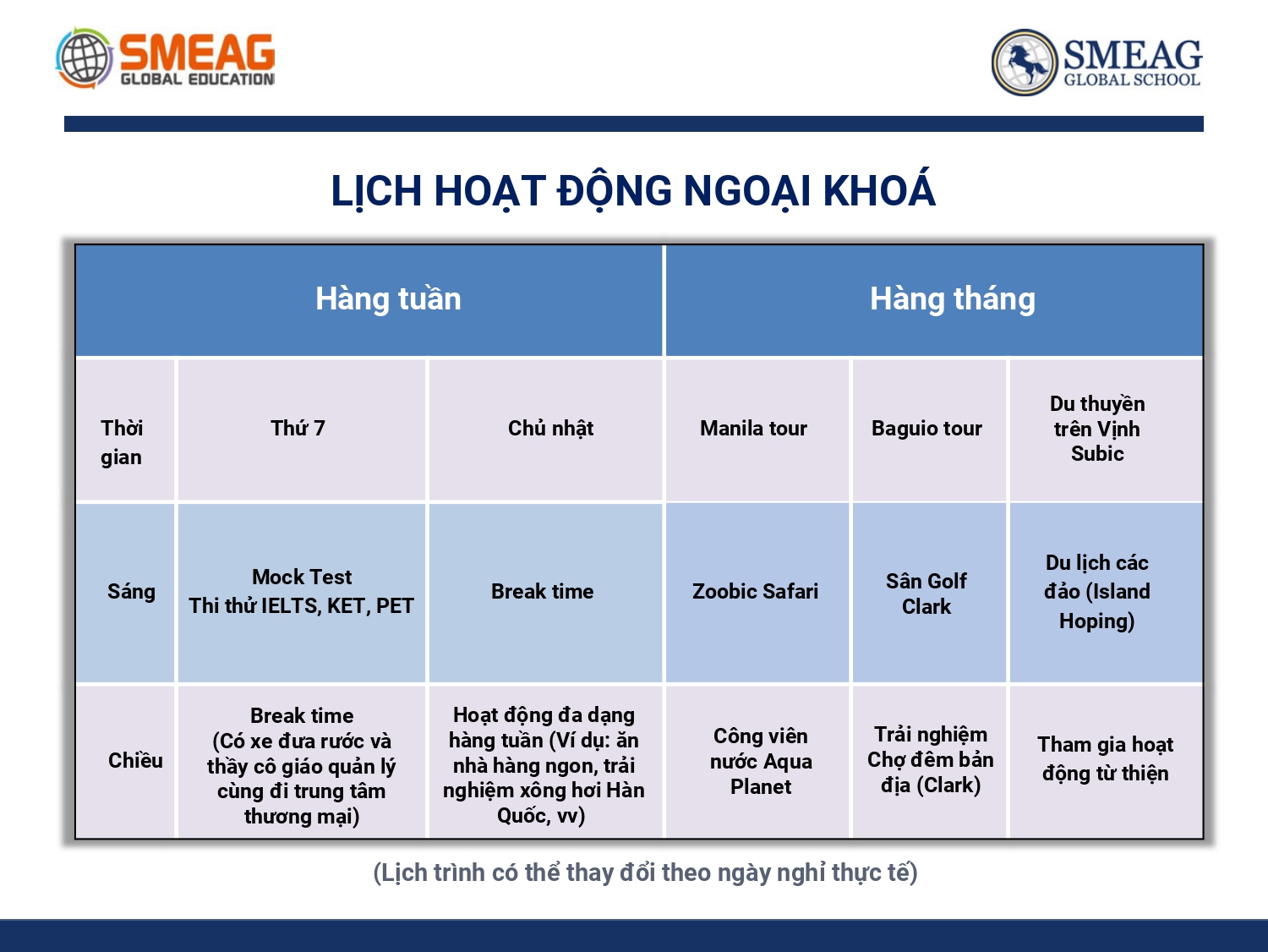 lịch hoạt động ngoại khóa