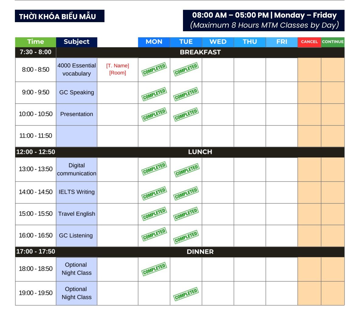Thời khóa biểu mẫu khóa Unlimited ESL