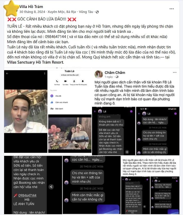 Đối tượng lừa đảo nhiều khách khi đặt villa tại Hồ Tràm Đối tượng lừa đảo nhiều khách khi đặt villa tại Hồ Tràm