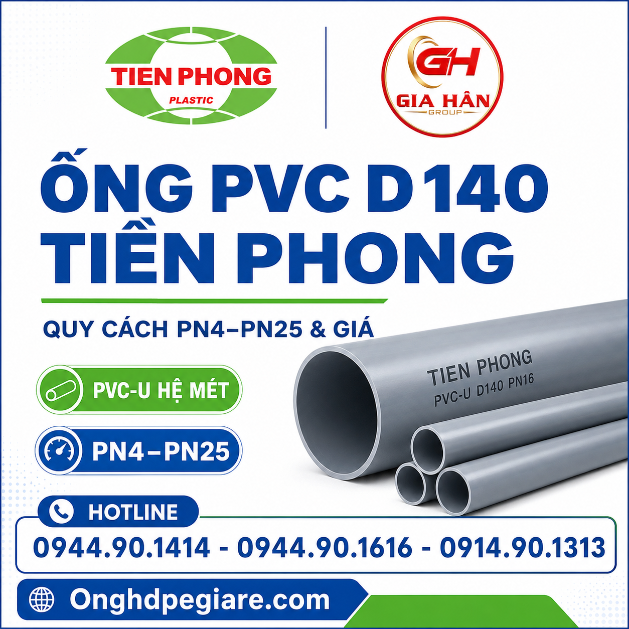 Ống PVC D140 Tiền Phong: Quy Cách PN4–PN25 & Giá